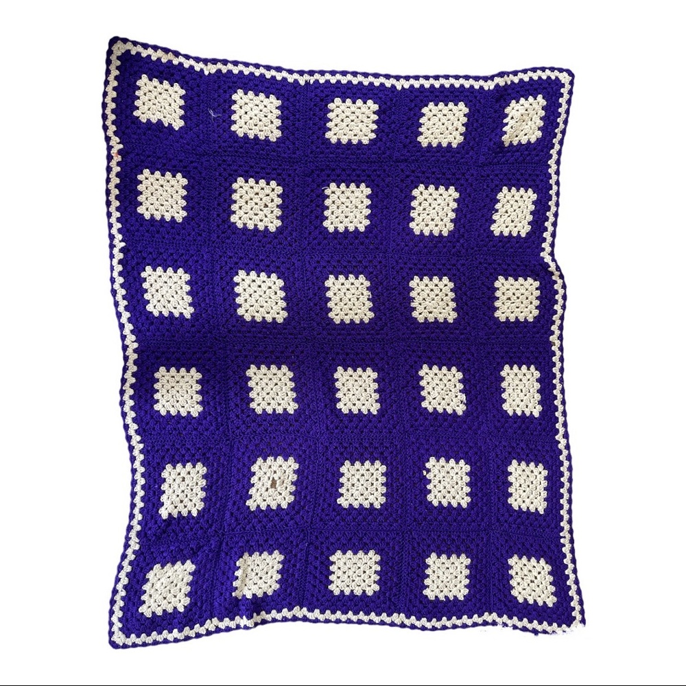 Granny square crochet blanket purple and cream cottage core handmade vintage